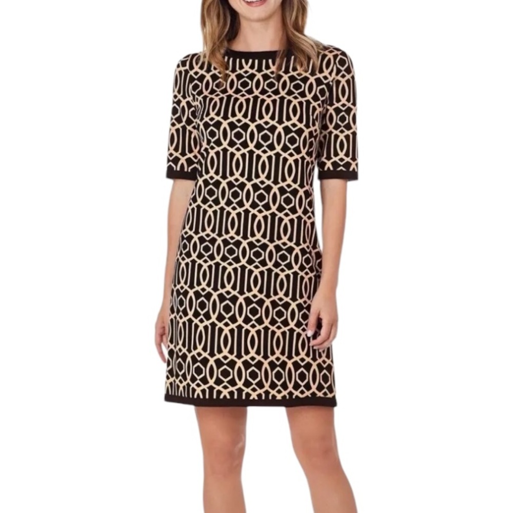 Jude Connally Louisa Black & Tan Mini Garden Gate Print Shift Mini Dress - M